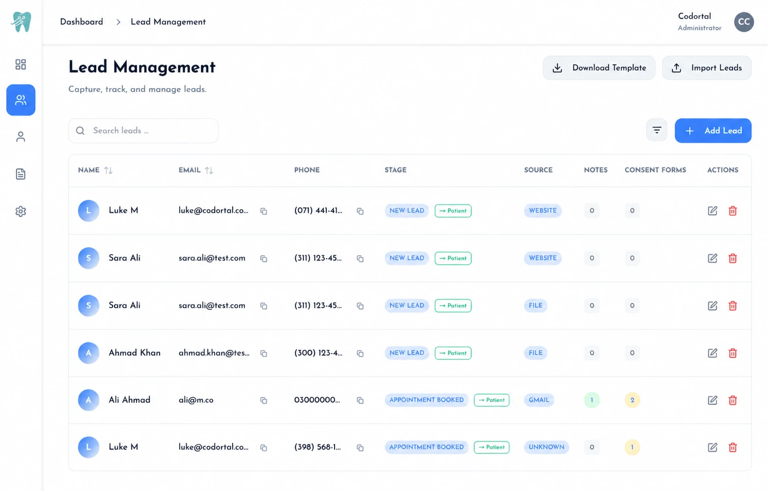 The lead management table showing enquiries at different pipeline stages