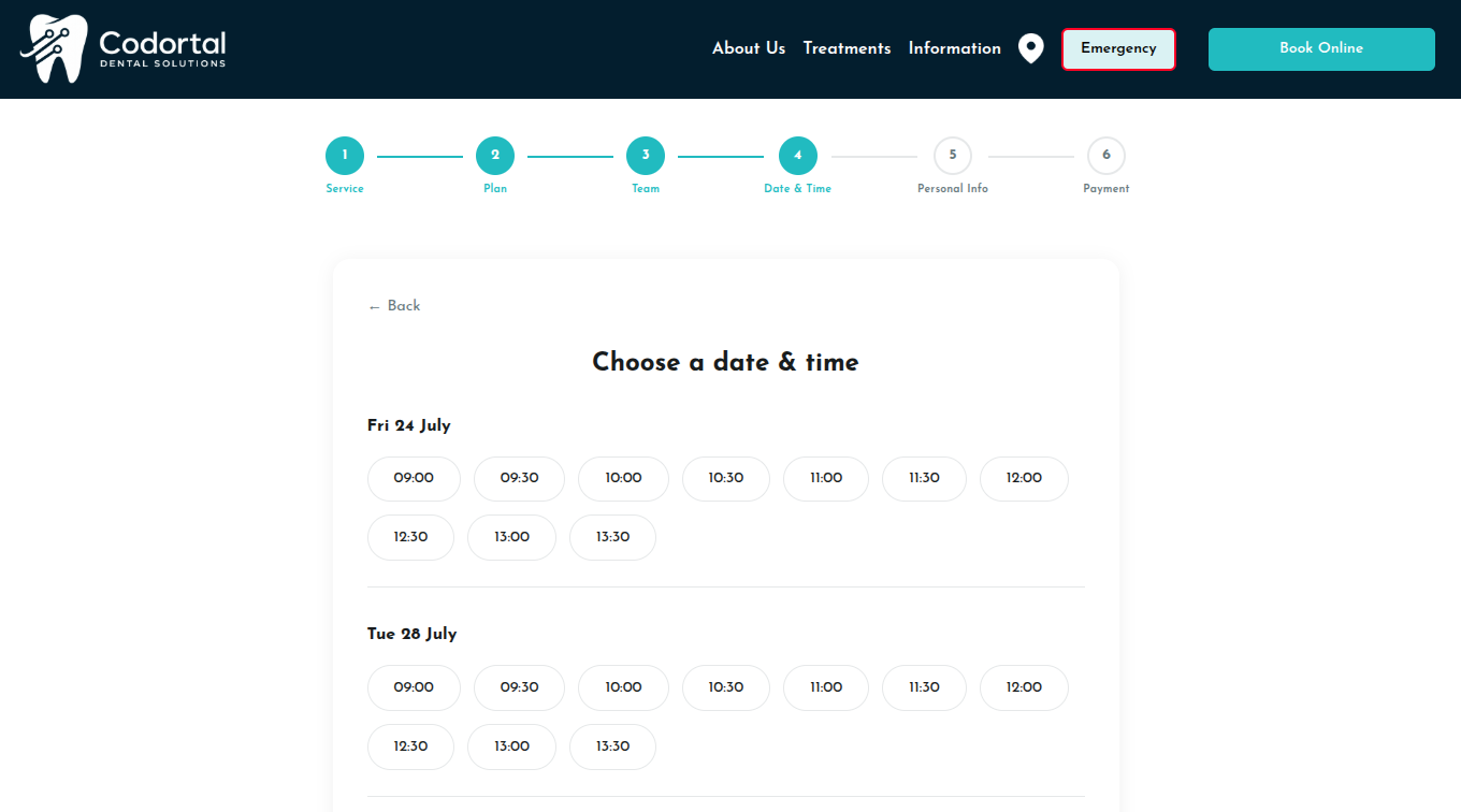 Online dental appointment booking calendar with available times