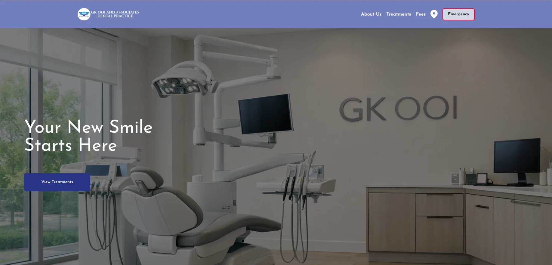 The GK OOI and Associates website: periwinkle header over a clinic photo