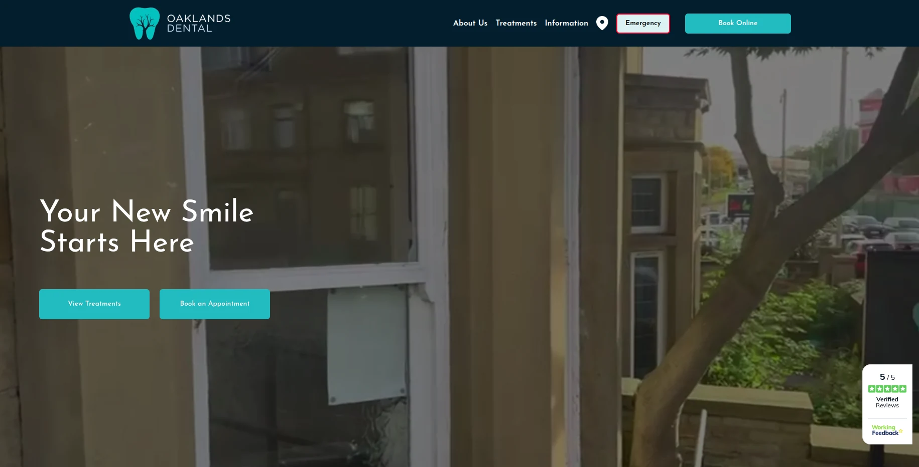 The Oaklands Dental website: dark navy with teal buttons